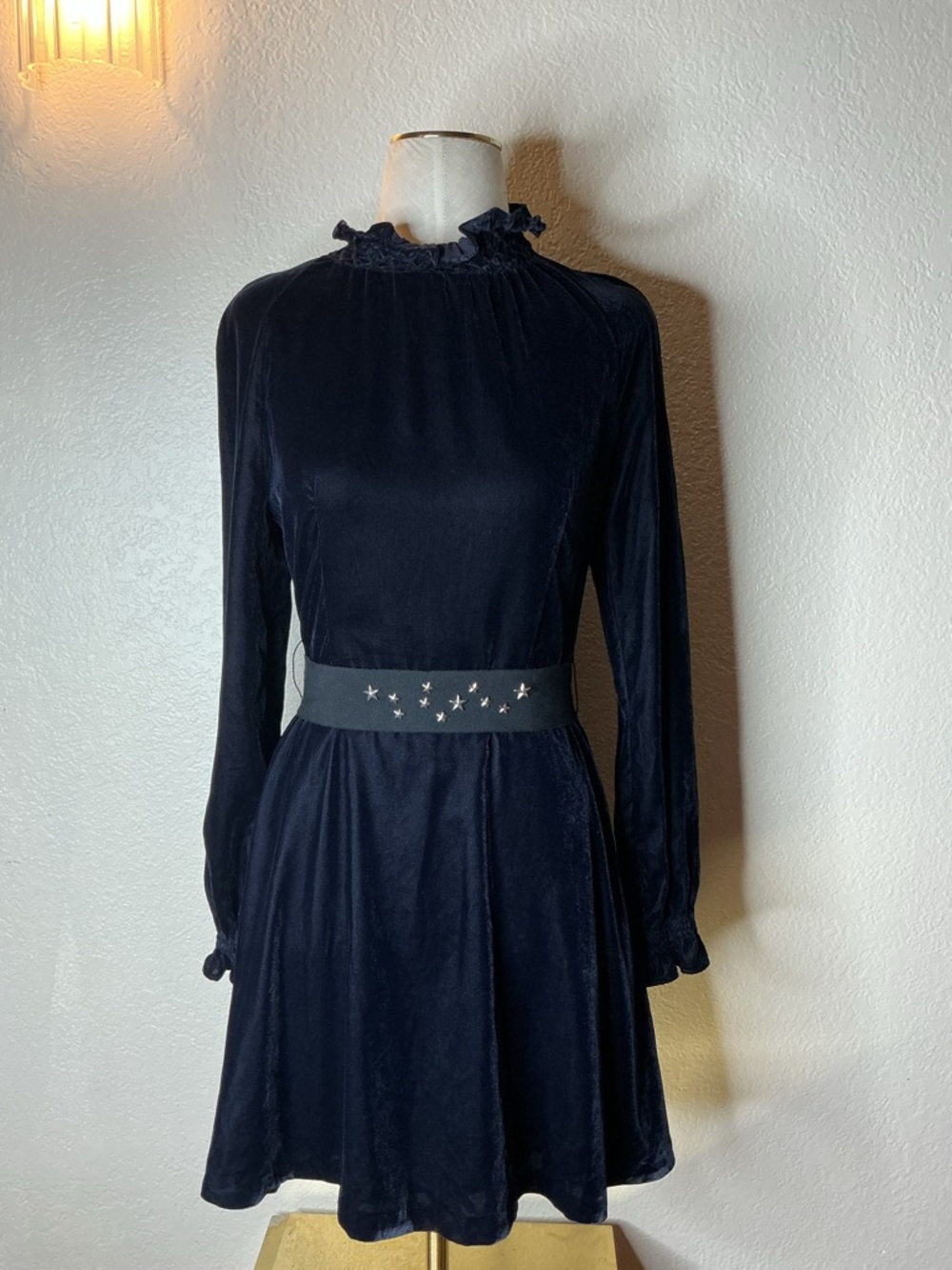 Max & Cleo Black Velvet Long-Sleeve Dress with Star-Embellished Waist